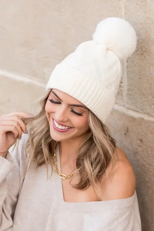 Aili's Corner Chunky Knit Fur Pom Beanie