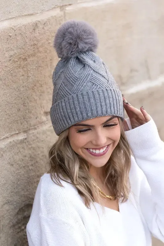 Aili's Corner Chunky Knit Fur Pom Beanie