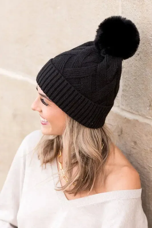 Aili's Corner Chunky Knit Fur Pom Beanie
