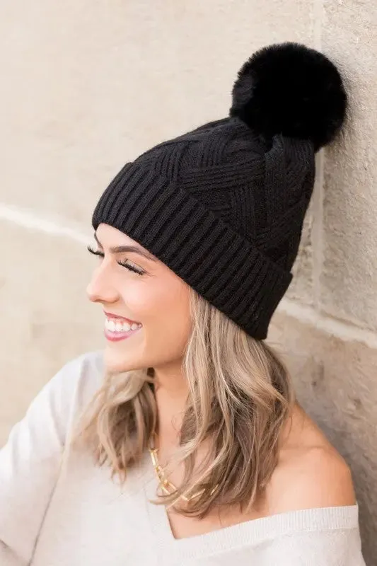 Aili's Corner Chunky Knit Fur Pom Beanie