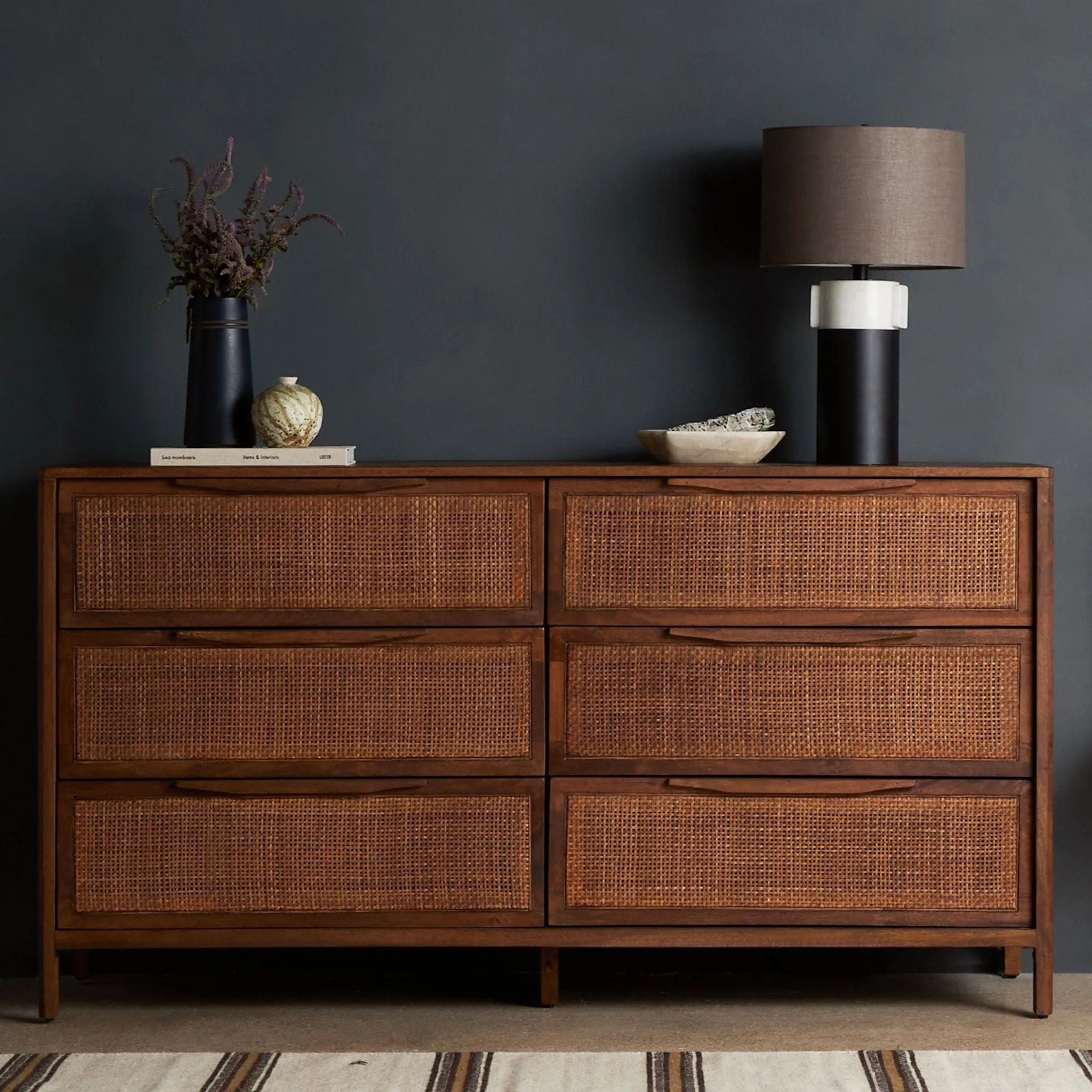 Brown-washed Mango Caned 6 Drawer Dresser