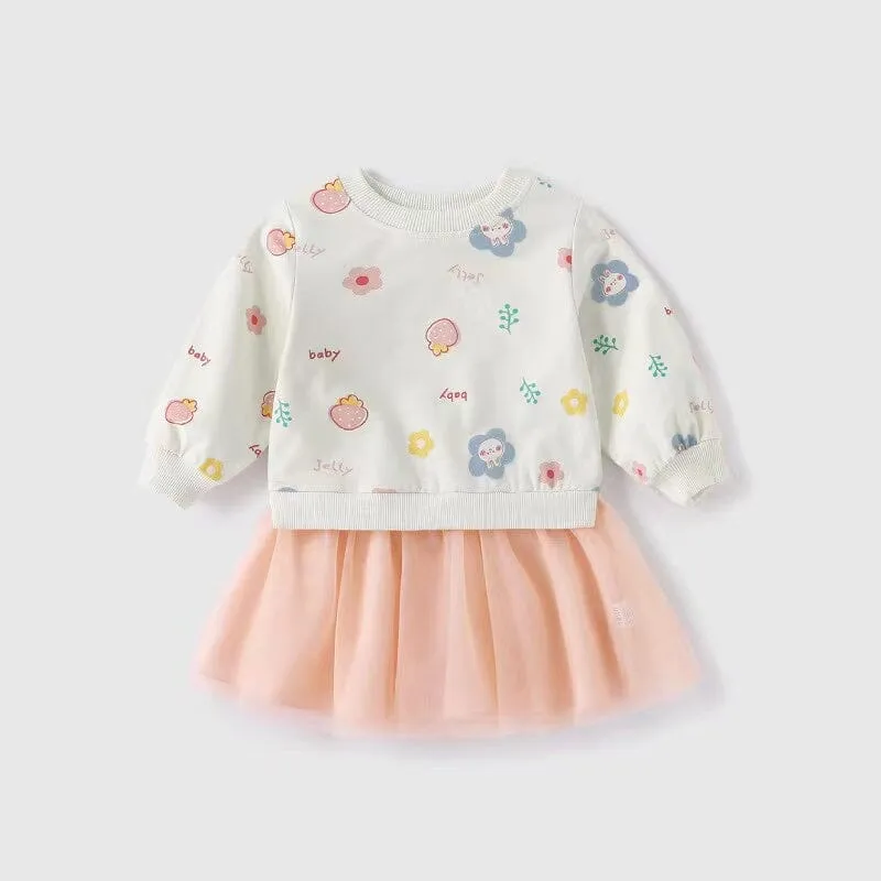 Bunny Floral Plush Sweatshirt Tulle Dress
