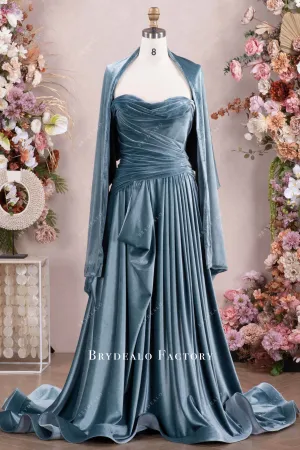 Elegant Dusty Blue Velvet Ruched Formal Dress with Shawl