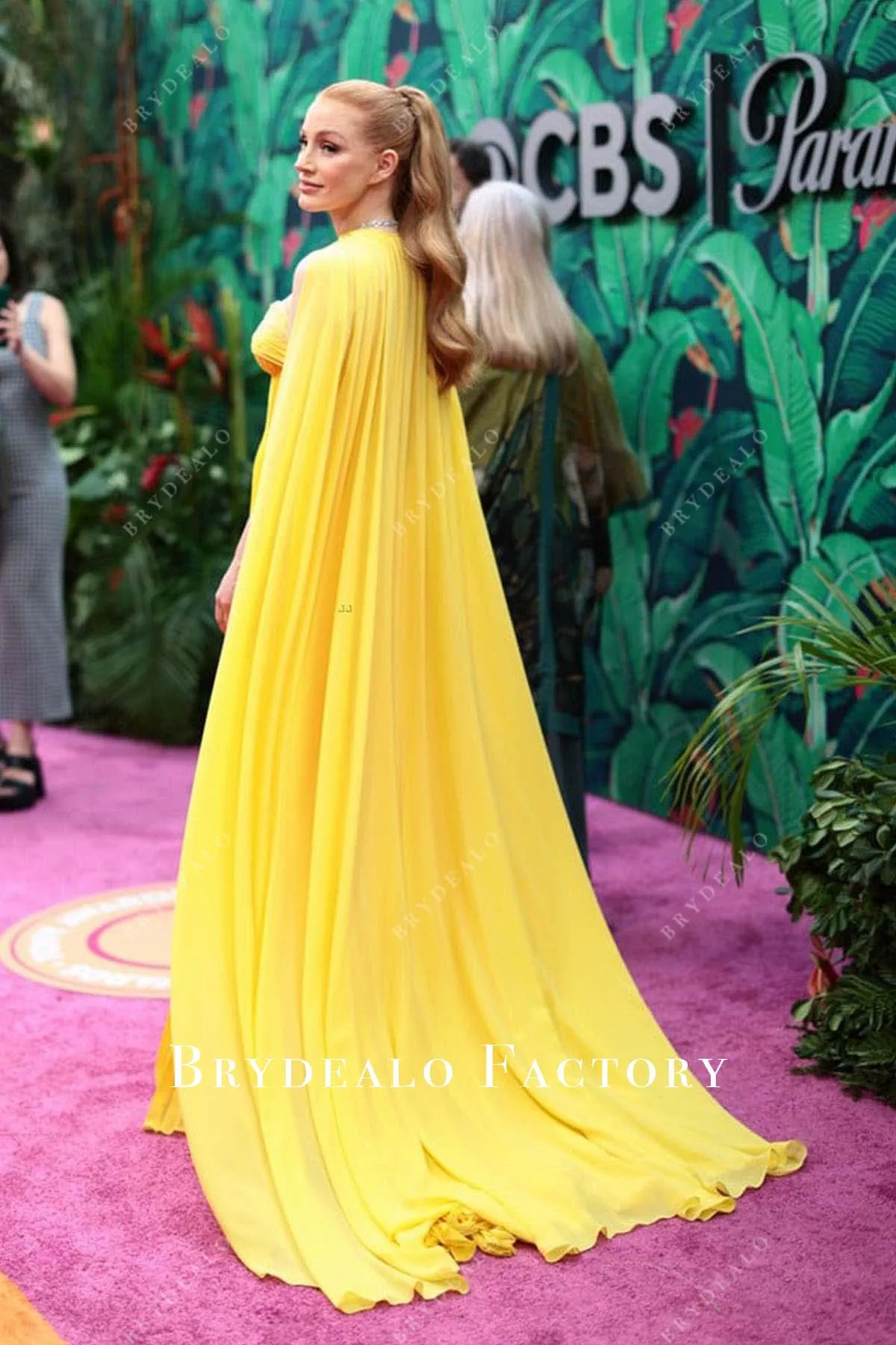 Jessica Chastain Yellow Chiffon Cape Dress 2023 Tony Awards