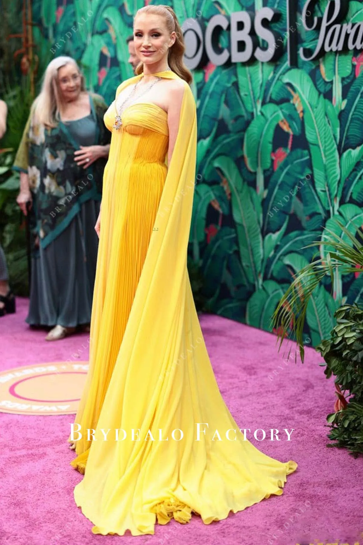 Jessica Chastain Yellow Chiffon Cape Dress 2023 Tony Awards