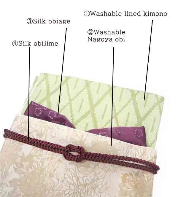 Kimono 4 Piece Coordinate Set / Kimono, Obi, Obi-age, Obi-jime / tailored L Size/green Hikita Kanoko pattern