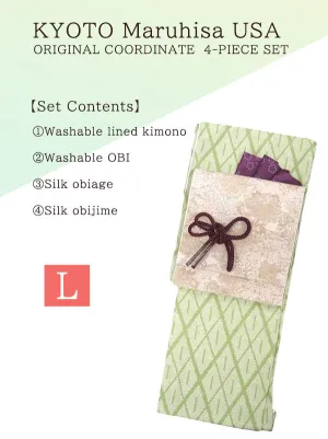 Kimono 4 Piece Coordinate Set / Kimono, Obi, Obi-age, Obi-jime / tailored L Size/green Hikita Kanoko pattern