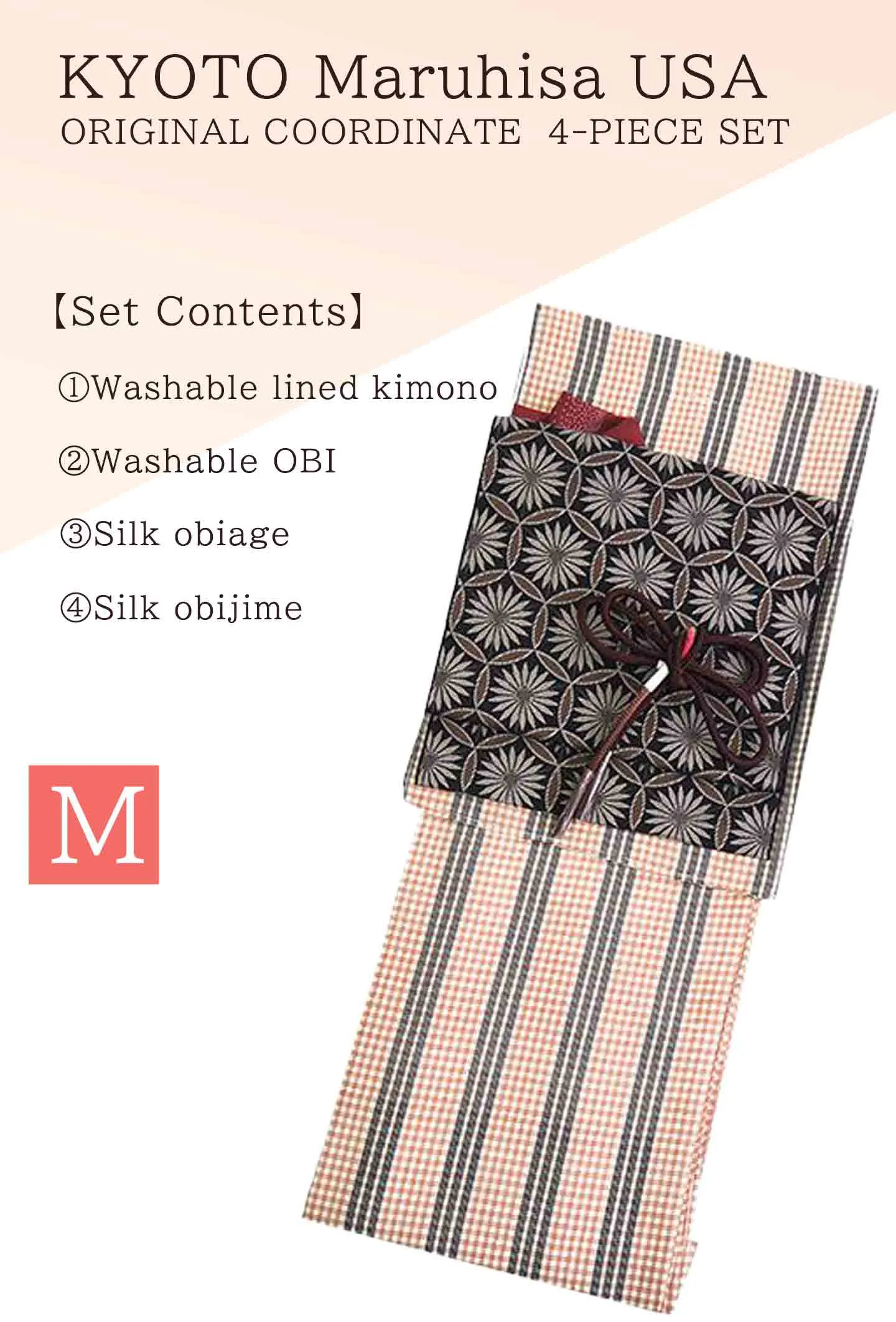 Kimono 4 Piece Coordinate Set / Kimono, Obi, Obi-age, Obi-jime / tailored M Size/pink a fine lattice pattern