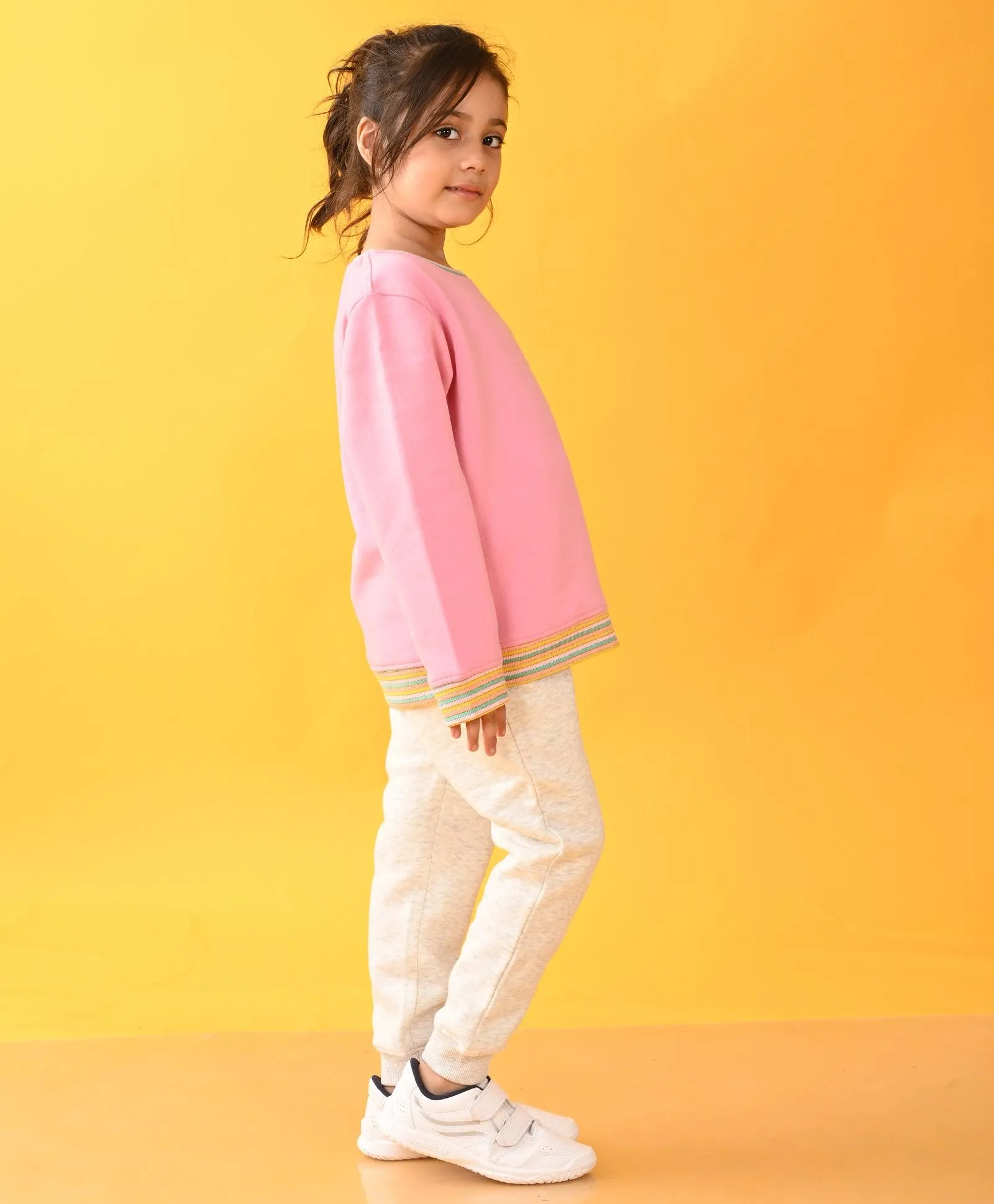 PINK SUNSHINE MULTICOLORED RIB FLEECE SWEATSHIRT ECRU JOGGER SET - PINK  / ECRU
