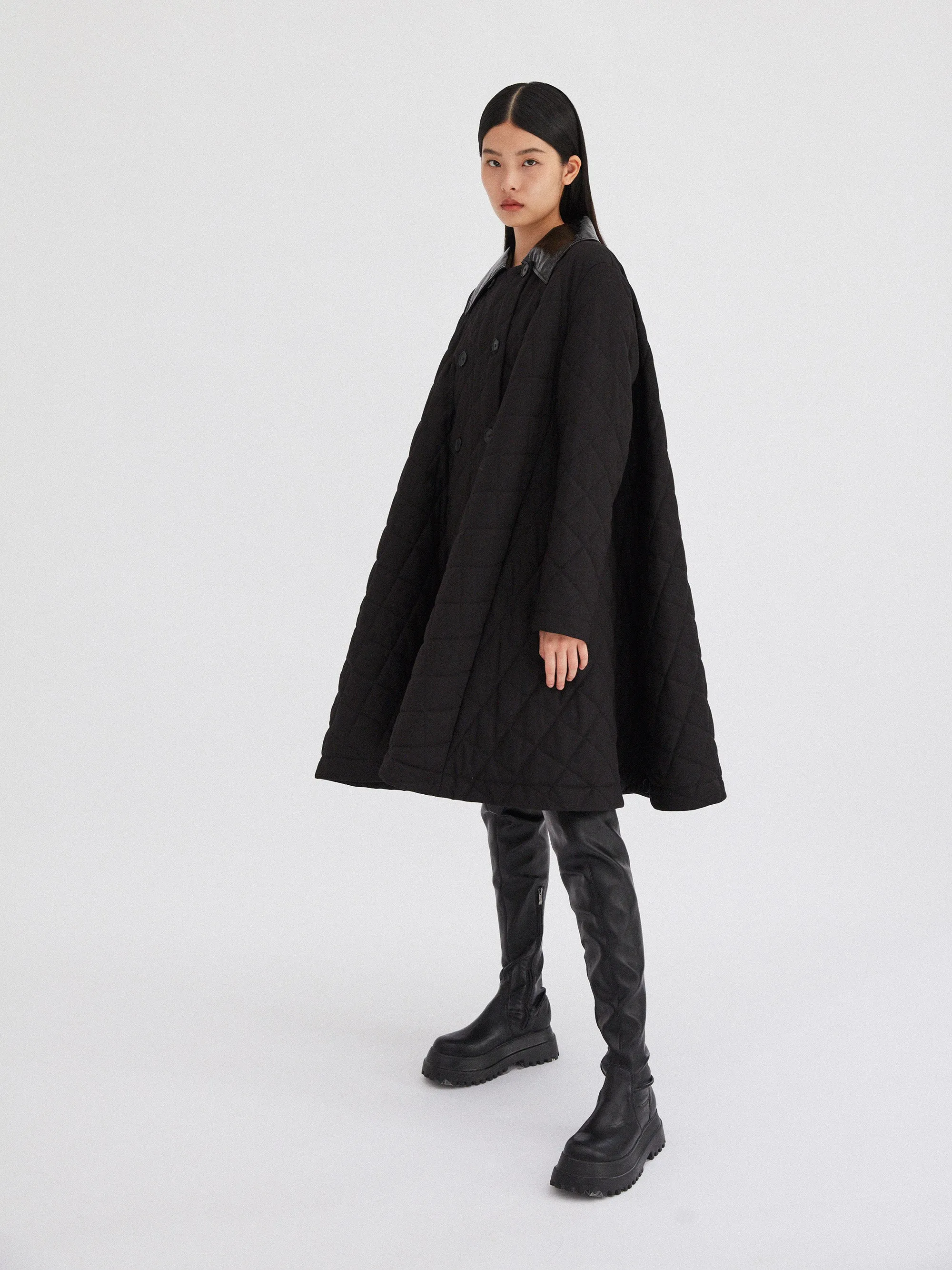 Quilted A-line Coat With High Shine Collar