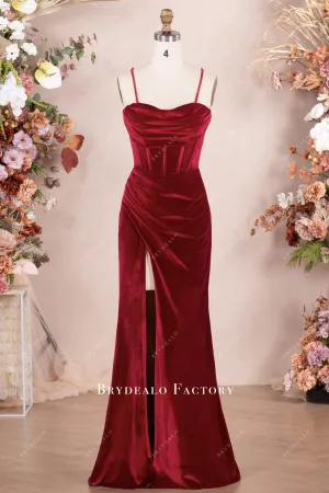 Ruby Velvet Pleated Corset High Slit Prom Formal Dress