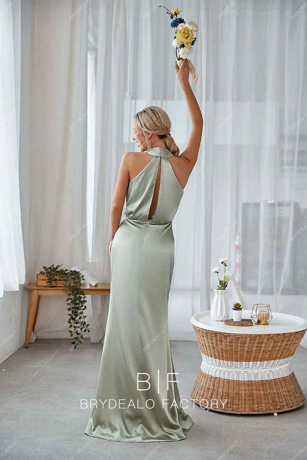 Sage Charmeuse Halter Neck Sleeveless Mermaid Long Dress