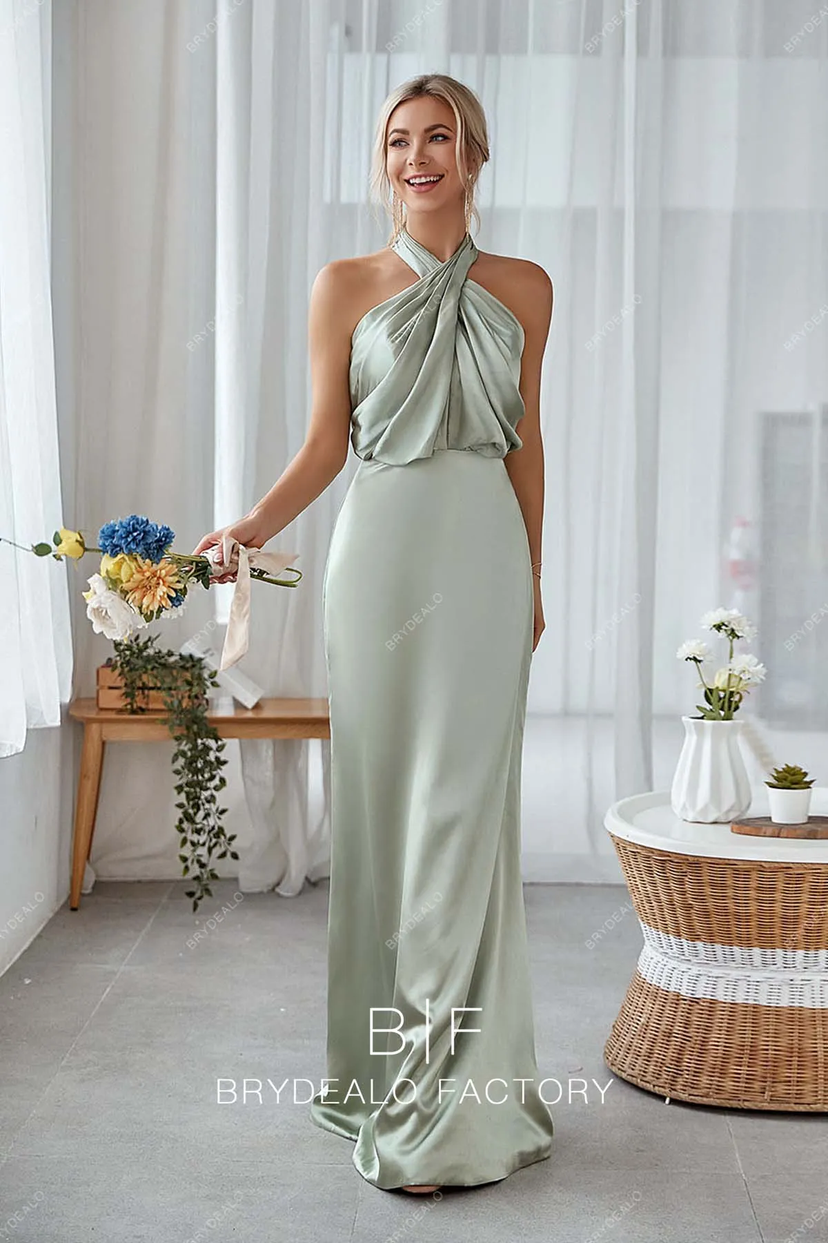 Sage Charmeuse Halter Neck Sleeveless Mermaid Long Dress