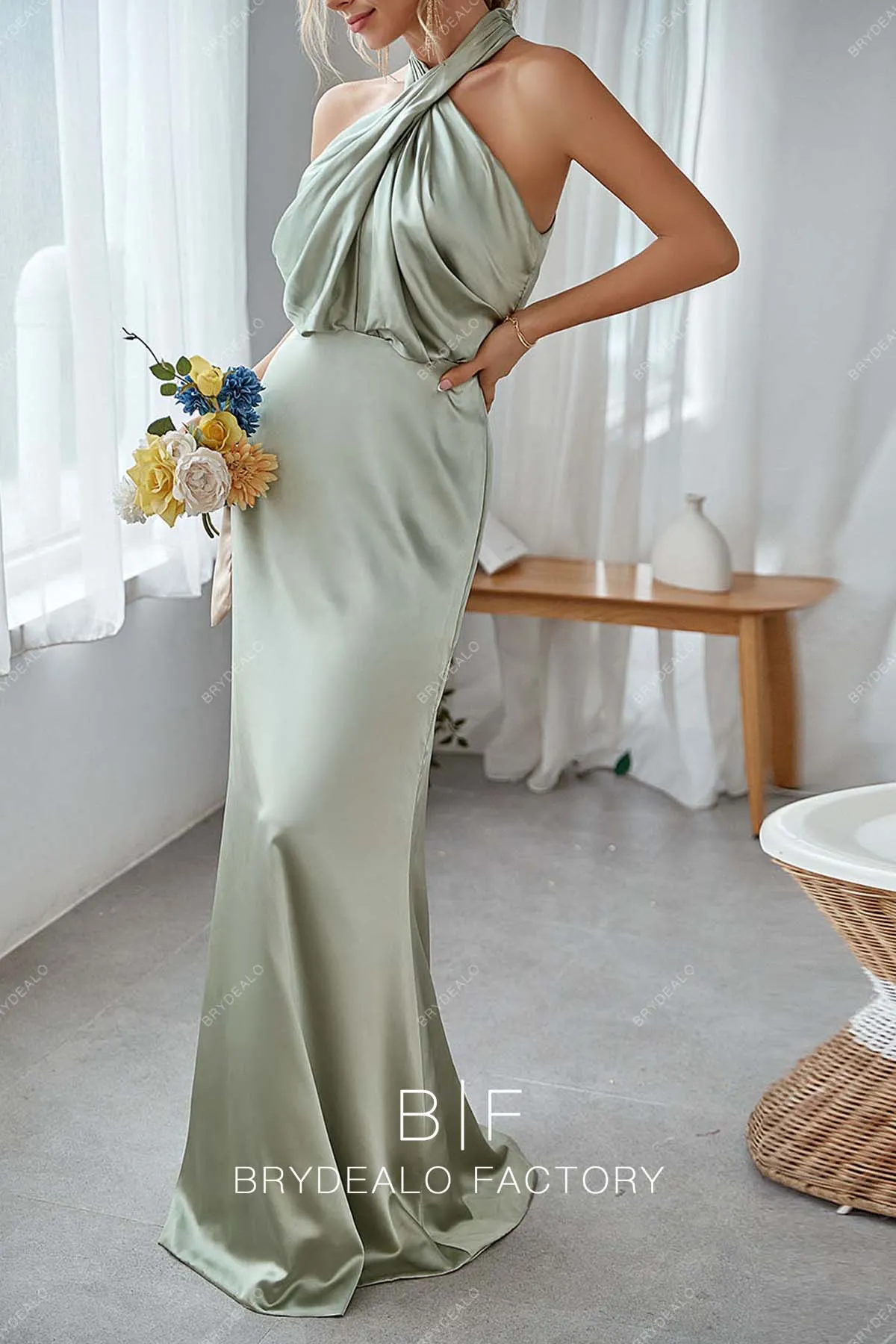 Sage Charmeuse Halter Neck Sleeveless Mermaid Long Dress