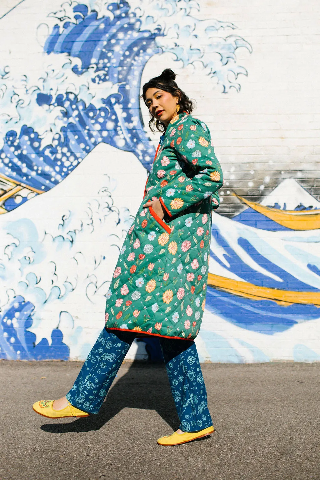 The Beijing Quilted Coat- Green Floral