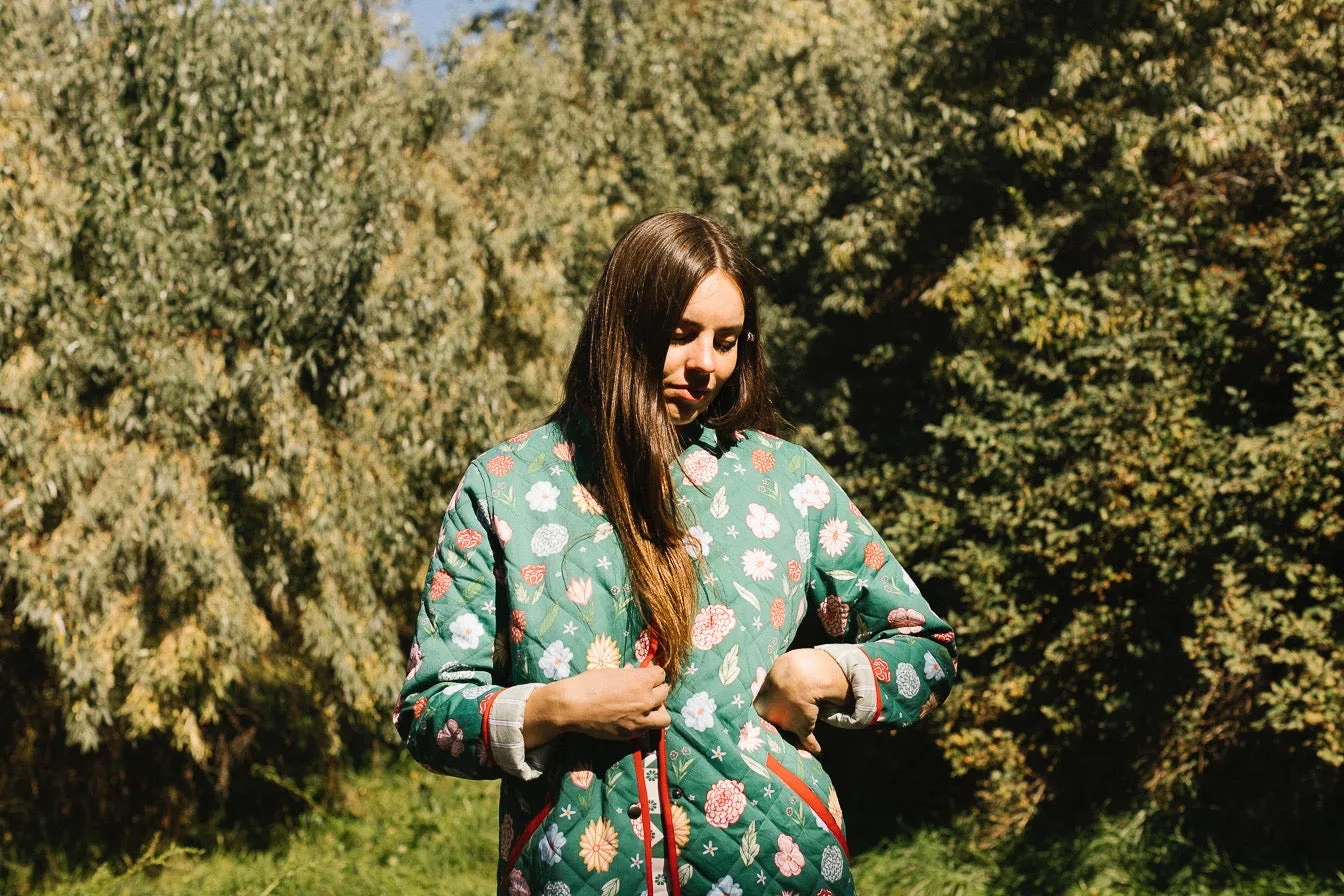 The Beijing Quilted Coat- Green Floral