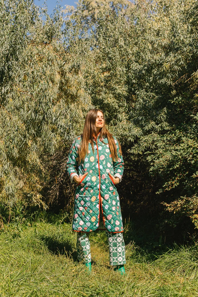 The Beijing Quilted Coat- Green Floral
