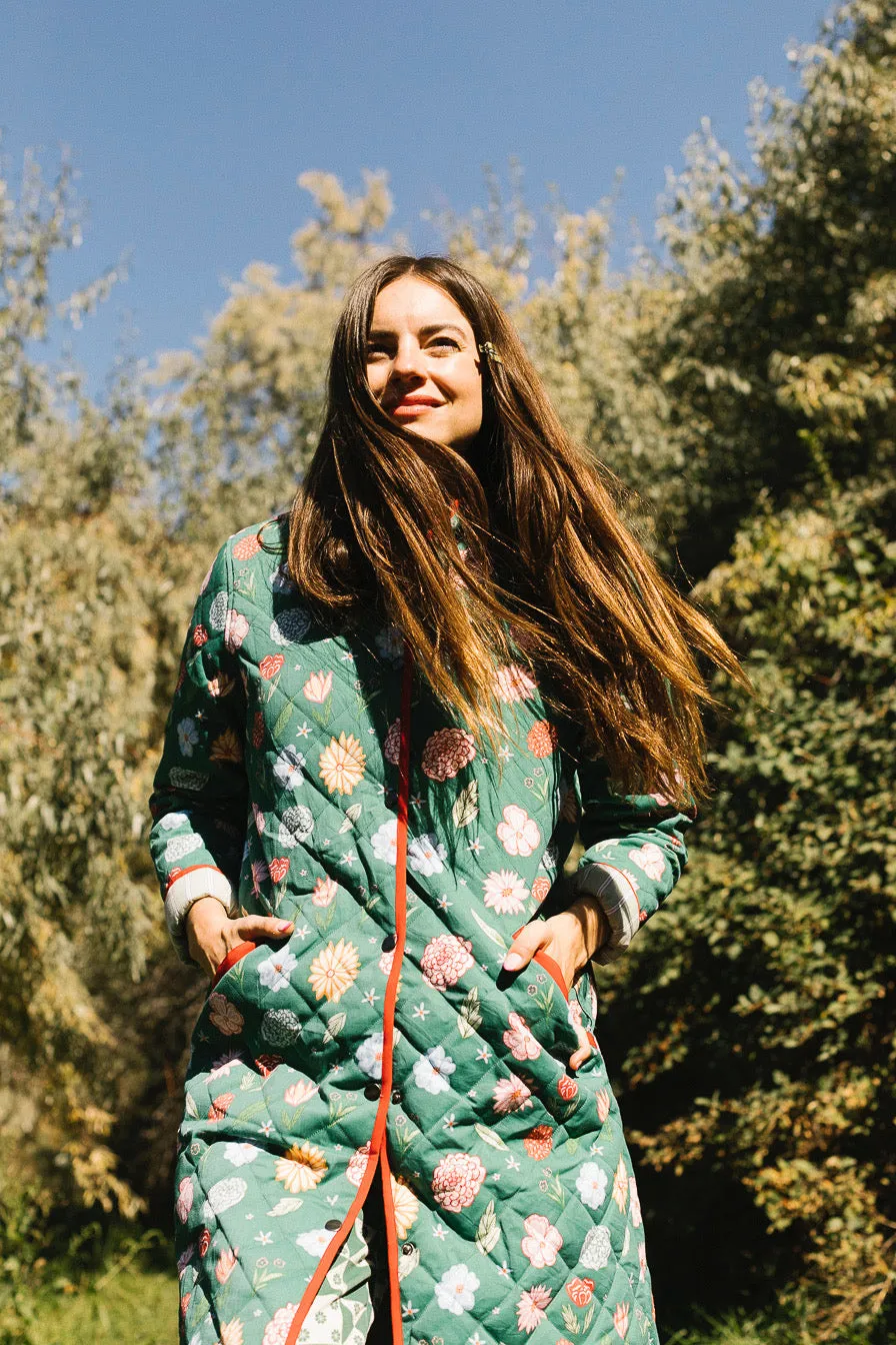 The Beijing Quilted Coat- Green Floral