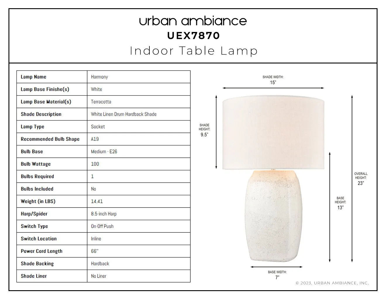 UEX7870 Modern Rustic Table Lamp 15''W x 15''D x 23''H, White Finish, Harmony Collection